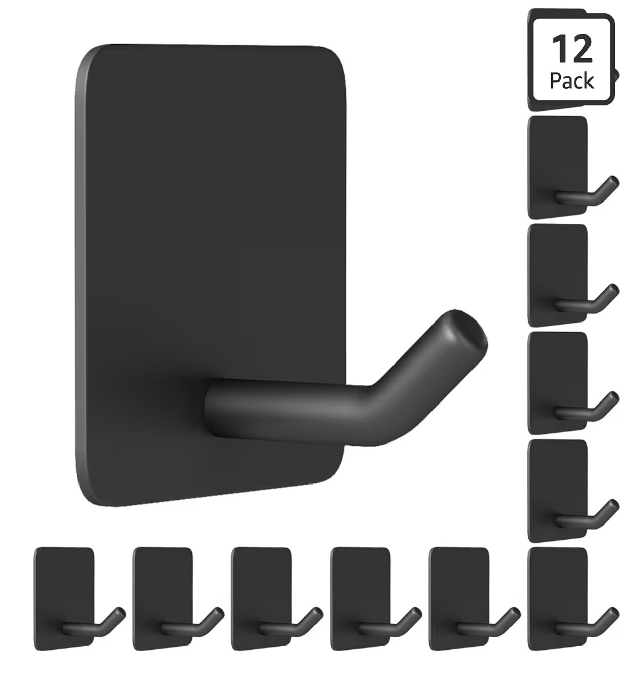 MKO Adhesive Wall Hooks 12-Pack Black